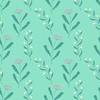 Summer time vibe. Herbal doodles, botanical pattern, twigs with pink and white berries on mint green background. Summer meadow, clearing with herbs. vector