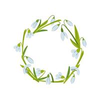 Cute wreath with snowdrops flowers, leaves and branches in flat hand drawn style. circle frame for your text on white background. Mother's day greeting card with beautiful blossom flowers vector