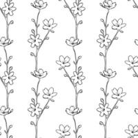 Ornament branches with flowers and buds, seamless pattern of spring mood and vibe. Contour stylized drawn twigs of cherry blossoms and apple and apricot trees. vector