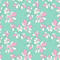 Spring vibe with pink-white flowers doodle pattern, stylized abstract sketch, on mint background. vector