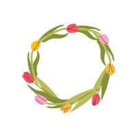 Cute wreath with flowers in flat hand drawn style. circle frame for your text on white background. Mother's day greeting card with beautiful blossom flowers vector