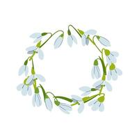 Wreath with spring flowers, leaves and branches in flat hand drawn style. circle frame for your text on white background. Mother's day greeting card with beautiful blossom flowers vector