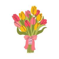 Tulip. Bouquet of colorful tulips. Perennial flower. Spring Summer. The stems are broad leaved. White background. Used for collages and stickers in web design, for cards and congratulations. vector