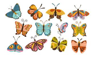 Abstract spring colorful butterfly set , flat butterfly , isolated spring insect, nature elements, beautiful multicolor drawing butterfly, illustration , hand drawn . vector