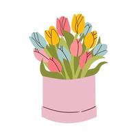 Bouquet of colorful tulips. Perennial flower. Spring Summer. The stems are broad leaved. White background. Used for collages and stickers in web design, for cards and congratulations. vector