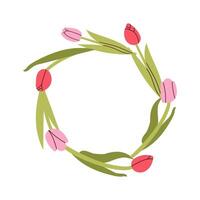 Wreath with flowers, spring composition in flat hand drawn style. circle frame for your text on white background. Mother's day greeting card with beautiful blossom flowers vector