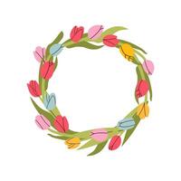 Tulips Cute wreath with flowers, leaves and branches in flat hand drawn style. circle frame for your text on white background. Mother's day greeting card with beautiful blossom flowers vector