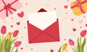 Valentine s composition Red Envelopes with Blank Letter. Folded, Unfolded Isolated Envelope. Design Template. Message, Notification, Mailing, Surprise and Congratulations Concept vector