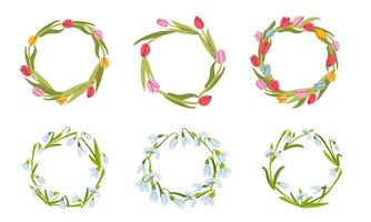 Set Cute wreath with flowers, leaves and branches in flat hand drawn style. circle frame for your text on white background. Mother's day greeting card with beautiful blossom flowers vector