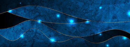 Blue and golden shiny waves with glowing lights abstract background vector