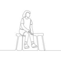 Young girl sitting on bench continuous line drawing. vector