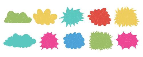 Colorful Chat Bubbles with Wavy Grunge Edges. Hand drawn colorful speech blobs. Chat boxes isolated on yellow background. Comic book abstract text boxes. vector