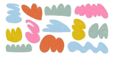 Colorful Funny Abstract Grunge Shapes with Pencil Geometric Drawings with Hand Drawn Texture. Cute and funny stickers vector