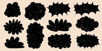 Black Chat Bubbles with Wavy Grunge Edges. Hand drawn colorful speech blobs. Chat boxes isolated on yellow background. Comic book abstract text boxes. vector