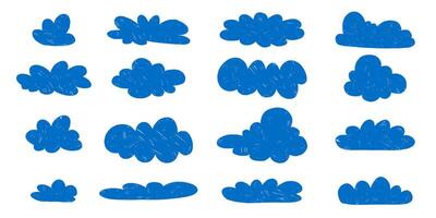 Blue Pencil Drawings of Fluffy Clouds. Clouds in hand drawn style with grunge effect. Abstract cartoon and fluffy cloud icons. vector