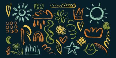 Colorful Set of Grunge Charcoal and Pencil Girly Sketches. Hand drawn design doodle shapes. Creative playful banner with graffiti abstract elements vector