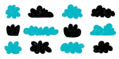 Colorful Crayon Drawings of Fluffy Clouds. Clouds in hand drawn style with grunge effect. Abstract cartoon and fluffy cloud icons. vector