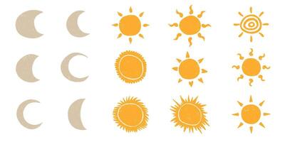 Sun Collection Hand Drawn with Pencil, Isolated on White Background. Cute nature summer elements. Sun, heat icons with rays vector