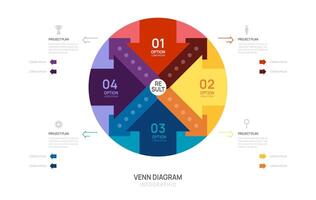 Venn diagram infographic circle arrow chart template for business presentation with venn elements illustration. vector