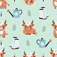 Highland Cow Spring Seamless Pattern vector