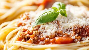 Spaghetti with meat sauce and basil photo