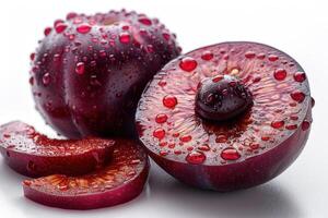 A close up of two plums with water droplets photo