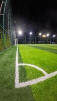 Soccer field with green grass and white line at night in Indonesia photo
