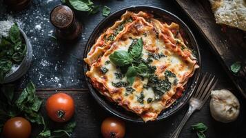 Traditional italian lasagna with spinach and mozzarella on rustic background photo