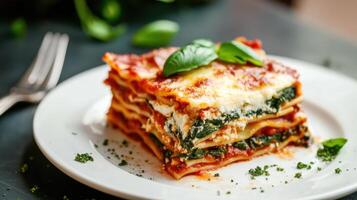 Traditional Italian lasagna with spinach and ricotta on a white plate photo