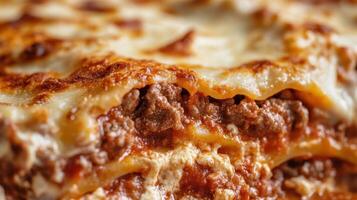 Closeup of lasagna with minced meat, tomato sauce and cheese photo