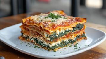 Spinach lasagna on a white plate on a wooden table photo