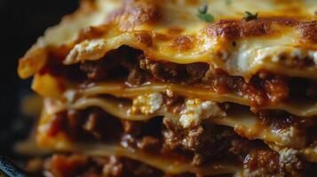 Closeup of lasagna with minced meat and cheese on black background photo