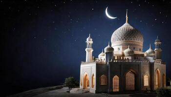 Mosque at night with crescent moon and stars. photo