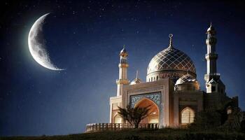 Mosque in the moonlight at night. photo