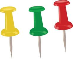 Three push pins with different colors on a white background vector