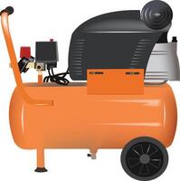 An orange air compressor with wheels and a hose vector