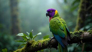 A colorful parrot sits on a branch in the forest photo