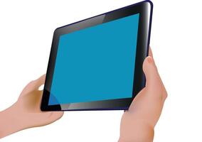 Hands holding a tablet computer with blue screen vector