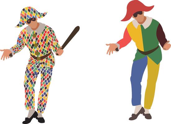 Two people dressed in colorful costumes