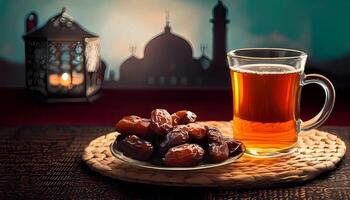 Cup of tea with dates and lanterns in the background. Ramadan Kareem concept photo