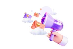 3D hand holding a megaphone with flying letters. A concept of romantic mailings, notifications for date invitations, Mother s Day greetings, and Valentine s Day messages. vector