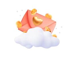 3D concept of a romantic mailing. A red envelope with a golden heart, flying coins, and a cloud. vector