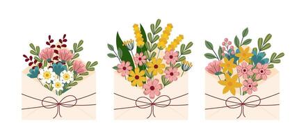 Set of envelopes with spring wild flowers. Design element for cards, patterns, posters, stickers. Flat style. illustration vector