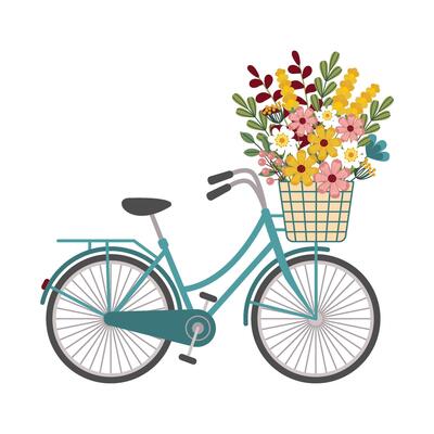 Hand drawn spring floral turquoise bike isolated on white background. Retro bicycle with colorful flowers in basket. Desgn in flat style. illustration