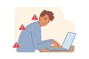 Hunched man sits at computer, risking ruining health and damaging spine due to office work vector