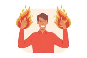 Aggressive man with flames on fists threatens and waves arms during conflict with collegues vector