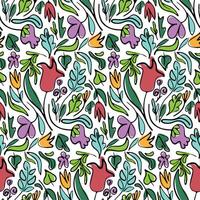 Colorful Floral and Leaf Seamless Pattern on White Background - Cheerful and Whimsical Design for Prints and Decor vector