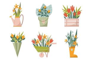 Whimsical Spring Floral Arrangements in Watering Can, Umbrella, Bucket, Crate, Wheelbarrow, and Boot Charming Botanical Illustration vector