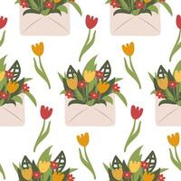Seamless Floral Pattern with Envelopes Filled with Flowers Spring Botanical Design for Fabric, Wrapping Paper, and Invitations vector