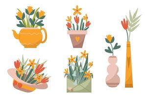 Charming Floral Arrangements in Unique Containers Teapot, Hat, Envelope, and Vases with Spring Flowers in a Flat Illustration vector